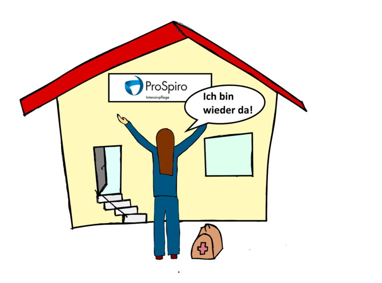 Zeichnung vom ProSpiro-Gebäude mit einer Pflegefachkraft davor, die "ich bin wieder da" sagt